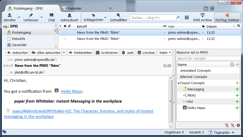 E-mail tool (Thunderbird) showing notification via email if a user was directly addressed in a PIMO message