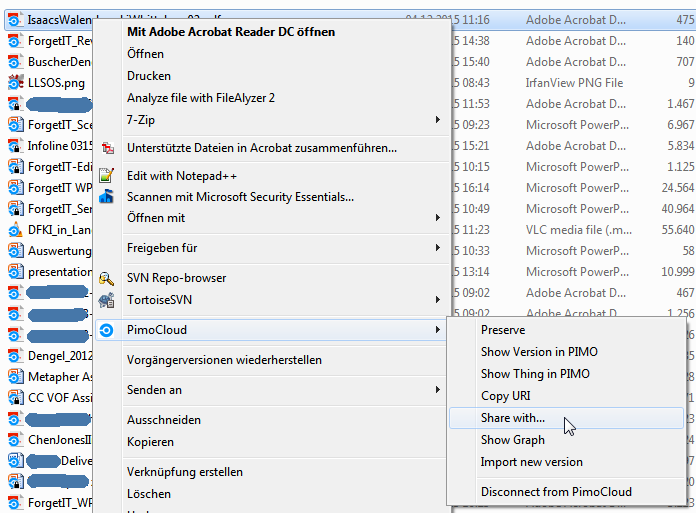 Windows Explorer context menu extended with PIMOCloud
