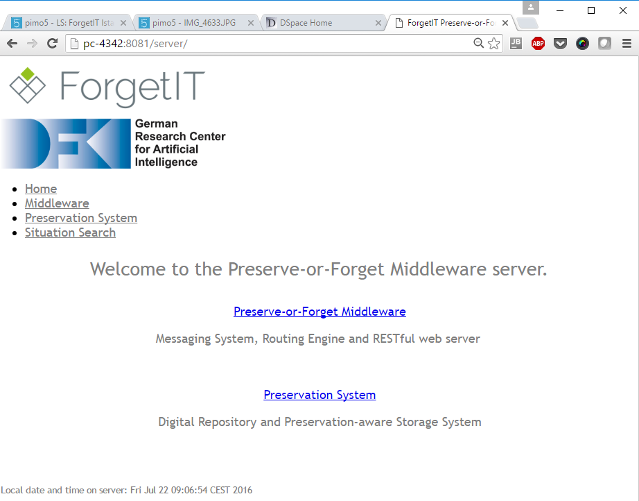 Server at DFKI providing access to the ForgetIT PoF Middleware and the Preservation System.